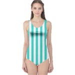 Vertical Stripes - White and Turquoise One Piece Swimsuit