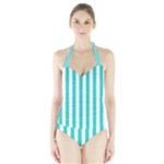 Vertical Stripes - White and Turquoise Women s Halter One Piece Swimsuit