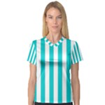 Vertical Stripes - White and Cyan Women s V-Neck Sport Mesh Tee