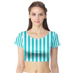Vertical Stripes - White and Cyan Short Sleeve Crop Top (Tight Fit)