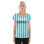 Vertical Stripes - White and Cyan Women s Cap Sleeve Top