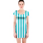Vertical Stripes - White and Cyan Short Sleeve Bodycon Dress