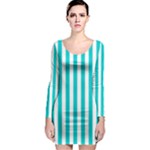 Vertical Stripes - White and Cyan Long Sleeve Bodycon Dress