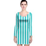 Vertical Stripes - White and Cyan Long Sleeve Velvet Bodycon Dress
