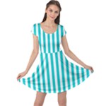 Vertical Stripes - White and Cyan Cap Sleeve Dress