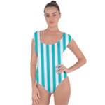 Vertical Stripes - White and Cyan Short Sleeve Leotard (Ladies)