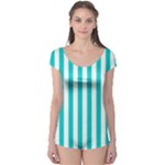 Vertical Stripes - White and Cyan Boyleg Leotard (Ladies)