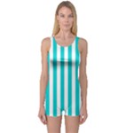 Vertical Stripes - White and Cyan One Piece Boyleg Swimsuit