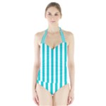 Vertical Stripes - White and Cyan Women s Halter One Piece Swimsuit