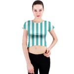Vertical Stripes - White and Verdigris Crew Neck Crop Top