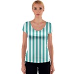 Vertical Stripes - White and Verdigris Women s V-Neck Cap Sleeve Top