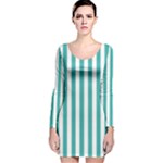 Vertical Stripes - White and Verdigris Long Sleeve Velvet Bodycon Dress