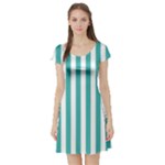 Vertical Stripes - White and Verdigris Short Sleeve Skater Dress