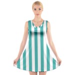 Vertical Stripes - White and Verdigris V-Neck Sleeveless Dress