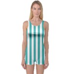 Vertical Stripes - White and Verdigris One Piece Boyleg Swimsuit