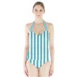 Vertical Stripes - White and Verdigris Women s Halter One Piece Swimsuit