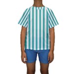 Vertical Stripes - White and Verdigris Kid s Short Sleeve Swimwear