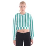 Vertical Stripes - White and Verdigris Women s Cropped Sweatshirt