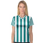 Vertical Stripes - White and Teal Women s V-Neck Sport Mesh Tee