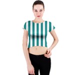 Vertical Stripes - White and Teal Crew Neck Crop Top