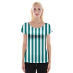 Vertical Stripes - White and Teal Women s Cap Sleeve Top