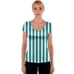 Vertical Stripes - White and Teal Women s V-Neck Cap Sleeve Top