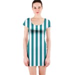 Vertical Stripes - White and Teal Short Sleeve Bodycon Dress