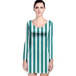 Vertical Stripes - White and Teal Long Sleeve Velvet Bodycon Dress