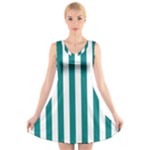 Vertical Stripes - White and Teal V-Neck Sleeveless Dress