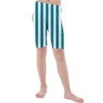Vertical Stripes - White and Teal Kid s Mid Length Swim Shorts