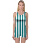 Vertical Stripes - White and Teal One Piece Boyleg Swimsuit