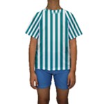 Vertical Stripes - White and Teal Kid s Short Sleeve Swimwear