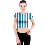 Vertical Stripes - White and Cerulean Crew Neck Crop Top