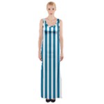 Vertical Stripes - White and Cerulean Maxi Thigh Split Dress