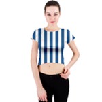 Vertical Stripes - White and Dark Cerulean Crew Neck Crop Top