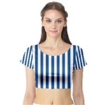 Vertical Stripes - White and Dark Cerulean Short Sleeve Crop Top (Tight Fit)
