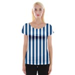 Vertical Stripes - White and Dark Cerulean Women s Cap Sleeve Top