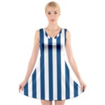 Vertical Stripes - White and Dark Cerulean V-Neck Sleeveless Dress