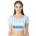 Vertical Stripes - White and Light Blue Short Sleeve Crop Top (Tight Fit)