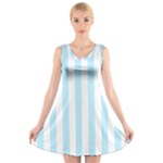 Vertical Stripes - White and Light Blue V-Neck Sleeveless Dress