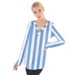 Vertical Stripes - White and Iceberg Blue Women s Tie Up Tee