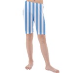 Vertical Stripes - White and Iceberg Blue Kid s Mid Length Swim Shorts