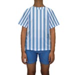 Vertical Stripes - White and Iceberg Blue Kid s Short Sleeve Swimwear