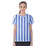 Vertical Stripes - White and Cornflower Blue Women s Cotton Tee