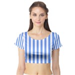 Vertical Stripes - White and Cornflower Blue Short Sleeve Crop Top (Tight Fit)