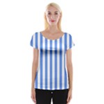 Vertical Stripes - White and Cornflower Blue Women s Cap Sleeve Top