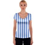 Vertical Stripes - White and Cornflower Blue Women s V-Neck Cap Sleeve Top