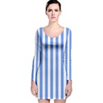 Vertical Stripes - White and Cornflower Blue Long Sleeve Velvet Bodycon Dress