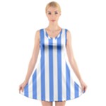 Vertical Stripes - White and Cornflower Blue V-Neck Sleeveless Dress