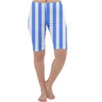 Vertical Stripes - White and Cornflower Blue Cropped Leggings